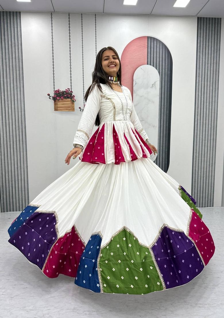 White And Multicolor Patch Work Cotton Navratri Lehenga Set - Indya