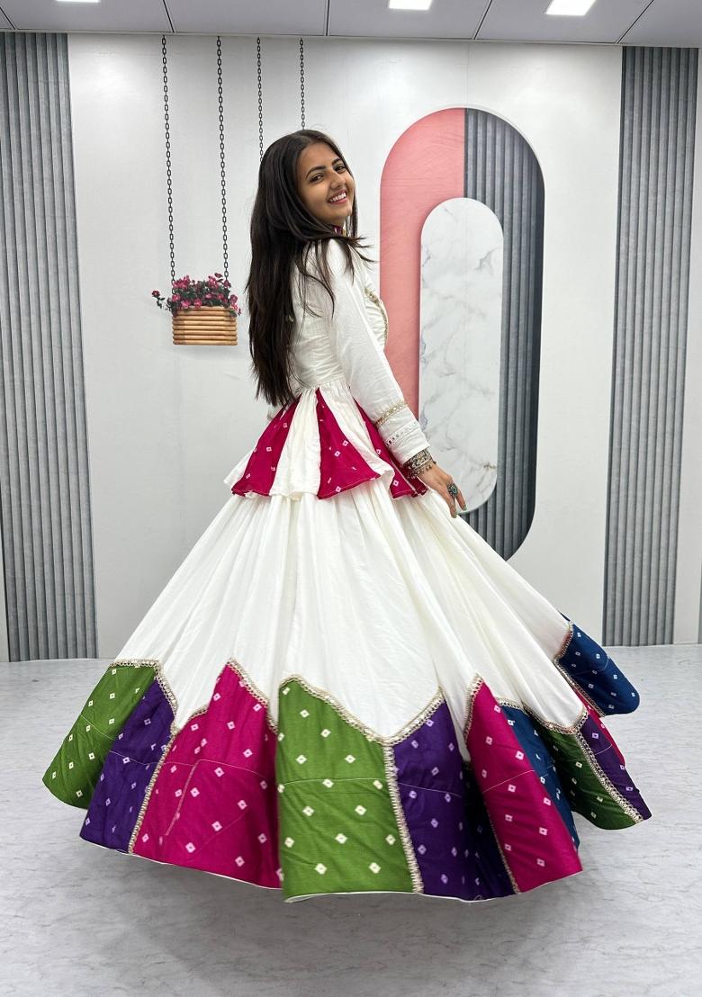 White And Multicolor Patch Work Cotton Navratri Lehenga Set - Indya