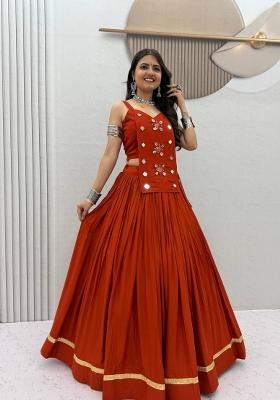 Rust Orange Mirror Work Cotton Navratri Lehenga Set