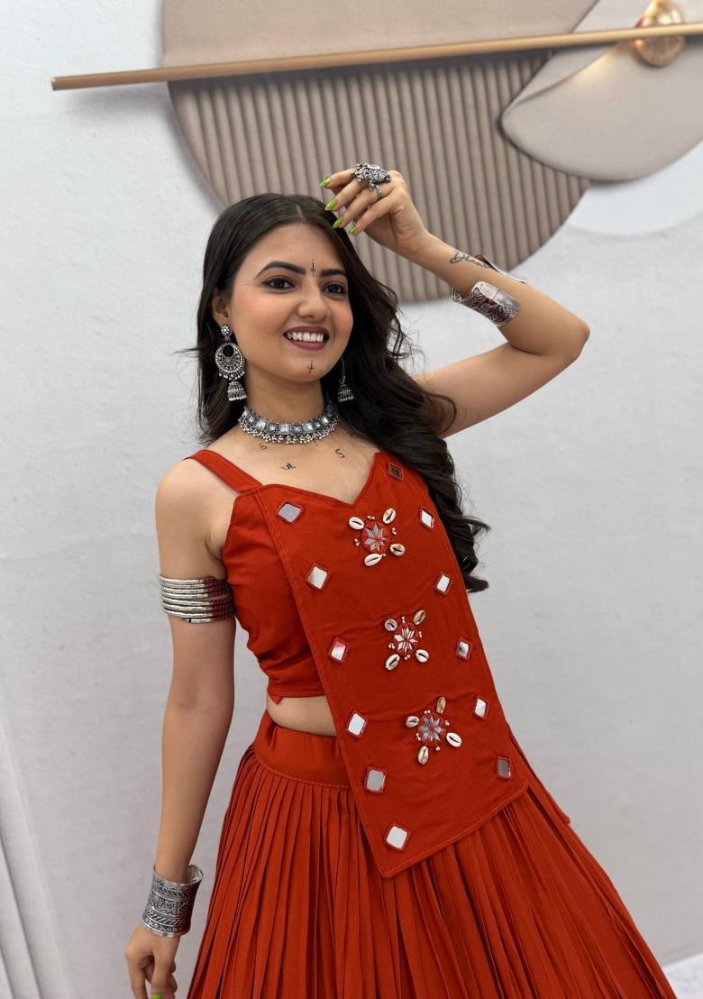 Rust Orange Mirror Work Cotton Navratri Lehenga Set - Indya