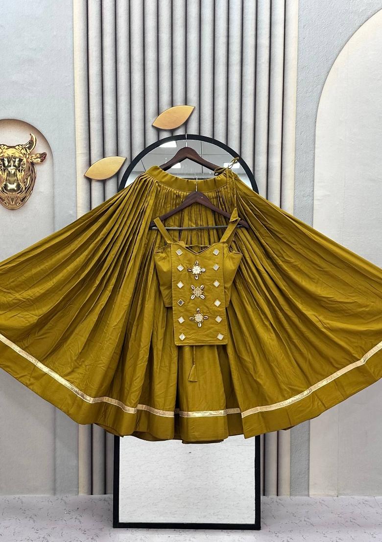 Olive Green Mirror Work Cotton Navratri Lehenga Set - Indya