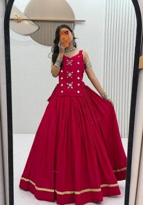 Rani Pink Mirror Work Cotton Navratri Lehenga Set