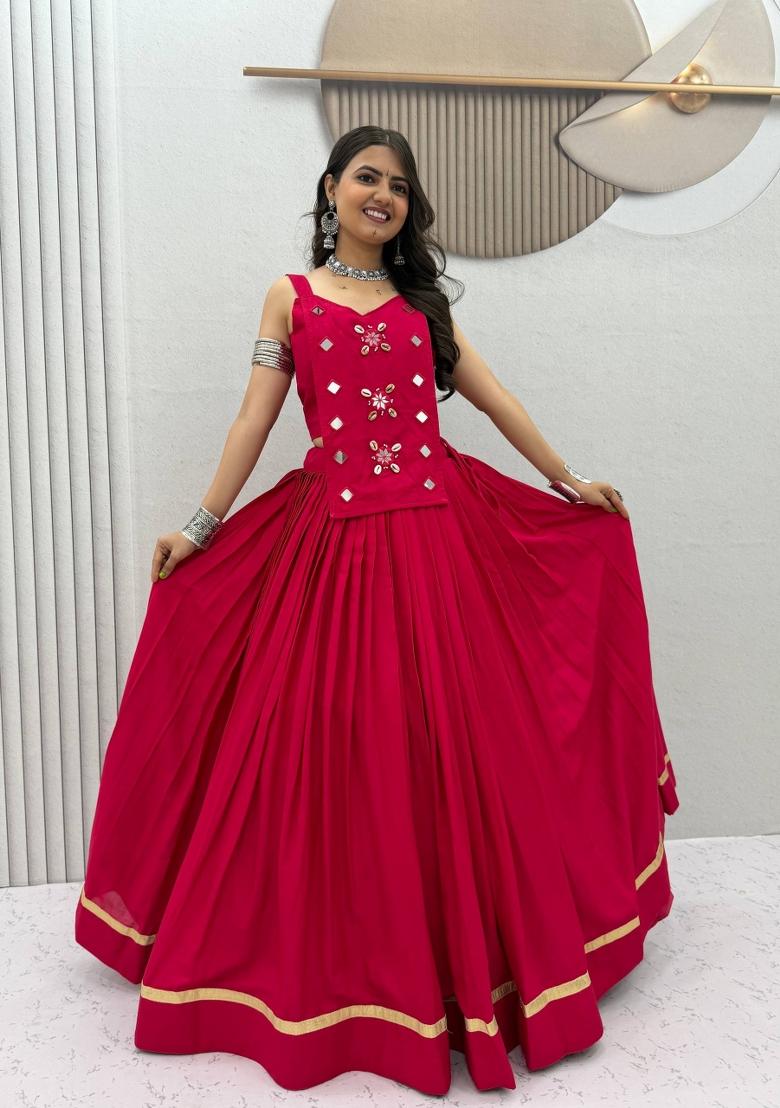 Rani Pink Mirror Work Cotton Navratri Lehenga Set - Indya