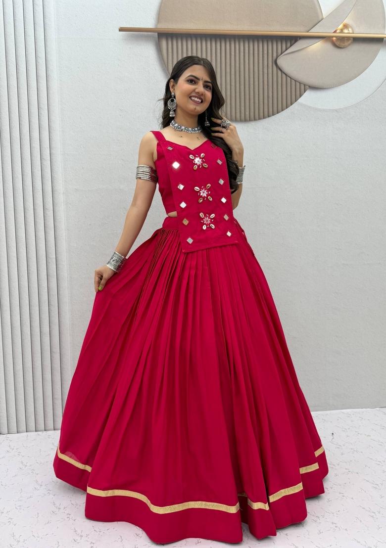 Rani Pink Mirror Work Cotton Navratri Lehenga Set - Indya