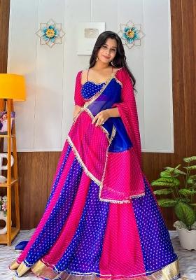 Rani Pink And Royal Blue Lace Work Georgette Navratri Lehenga Set