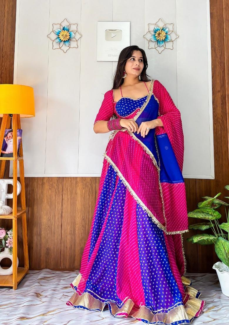 Rani Pink And Royal Blue Lace Work Georgette Navratri Lehenga Set - Indya