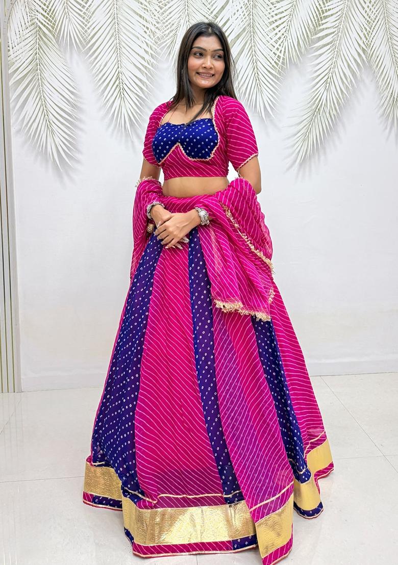Rani Pink And Royal Blue Lace Work Georgette Navratri Lehenga Set - Indya