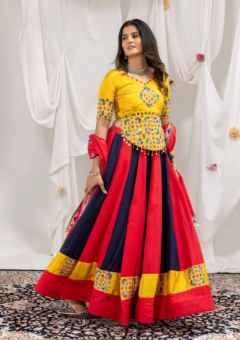 Multicolor Embroidered Cotton Navratri Lehenga Set - Indya