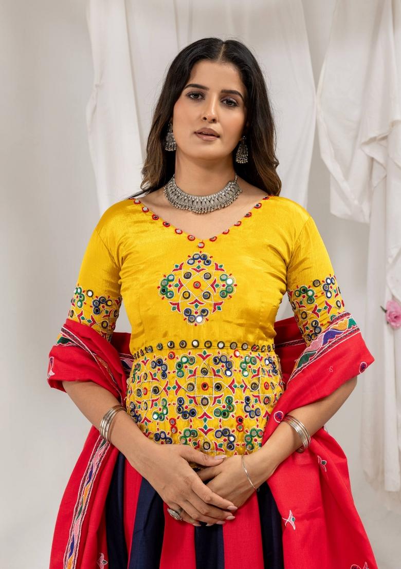 Multicolor Embroidered Cotton Navratri Lehenga Set - Indya