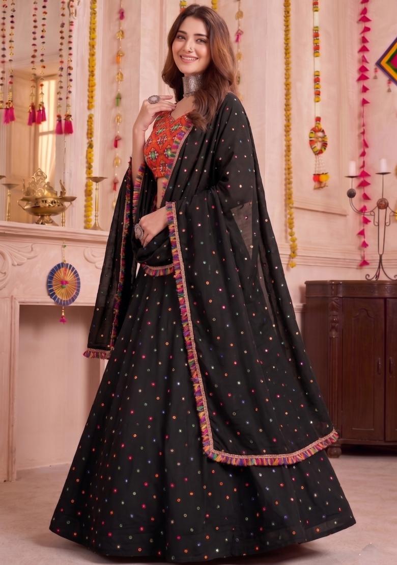 Black Embroidered Rayon Lehenga Set - Indya