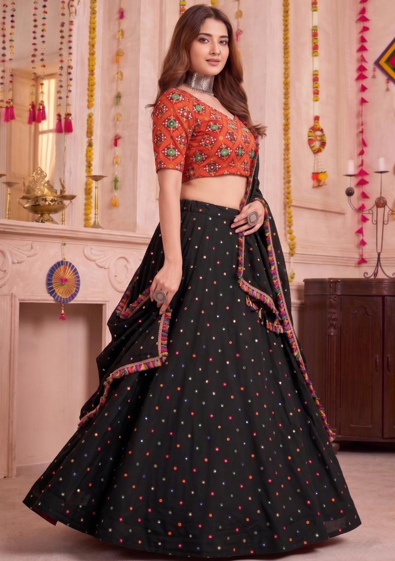 Black Embroidered Rayon Lehenga Set - Indya