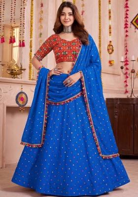 Blue Embroidered Rayon Lehenga Set