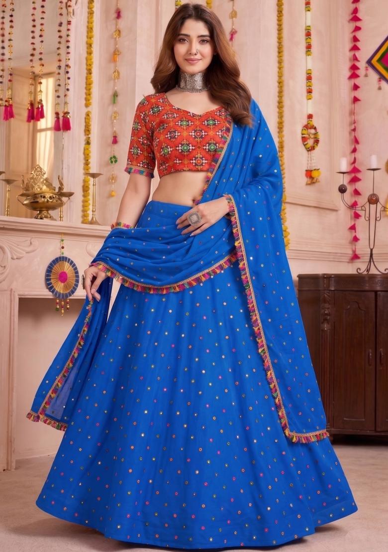 Blue Embroidered Rayon Lehenga Set - Indya