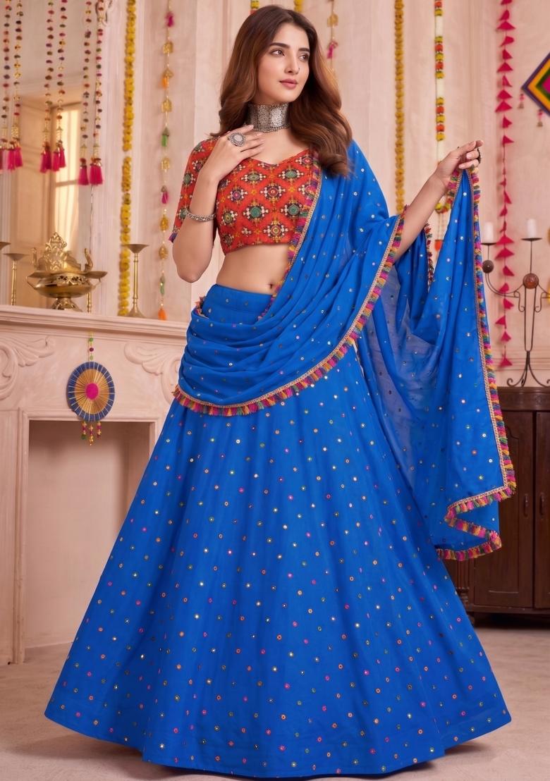 Blue Embroidered Rayon Lehenga Set - Indya