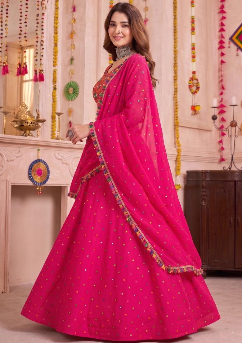 Pink Embroidered Rayon Lehenga Set - Indya