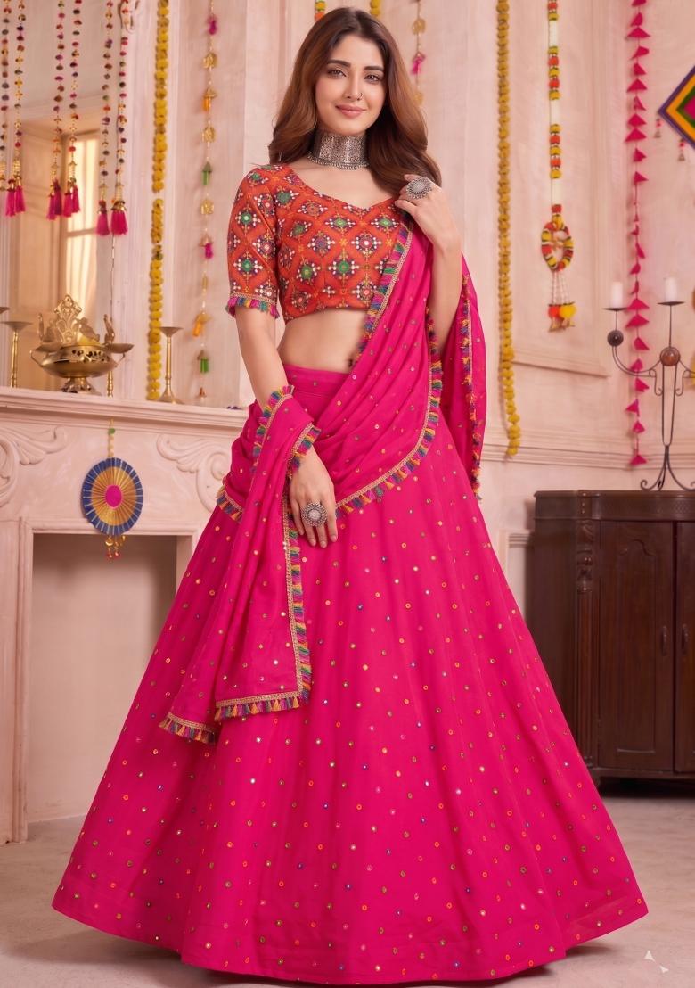 Pink Embroidered Rayon Lehenga Set - Indya