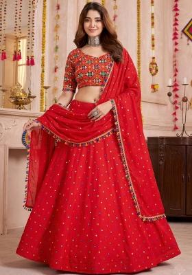 Red Embroidered Rayon Lehenga Set