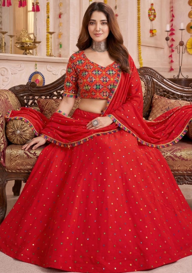 Red Embroidered Rayon Lehenga Set - Indya