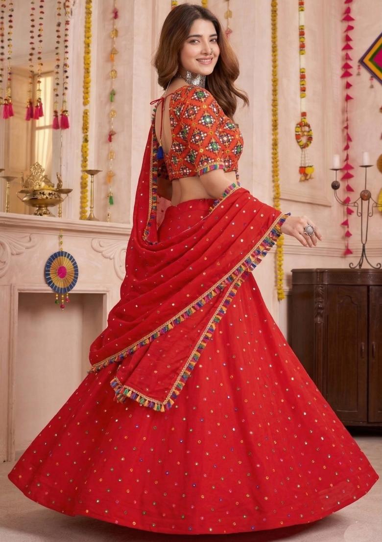 Red Embroidered Rayon Lehenga Set - Indya