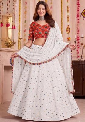 White Embroidered Rayon Lehenga Set
