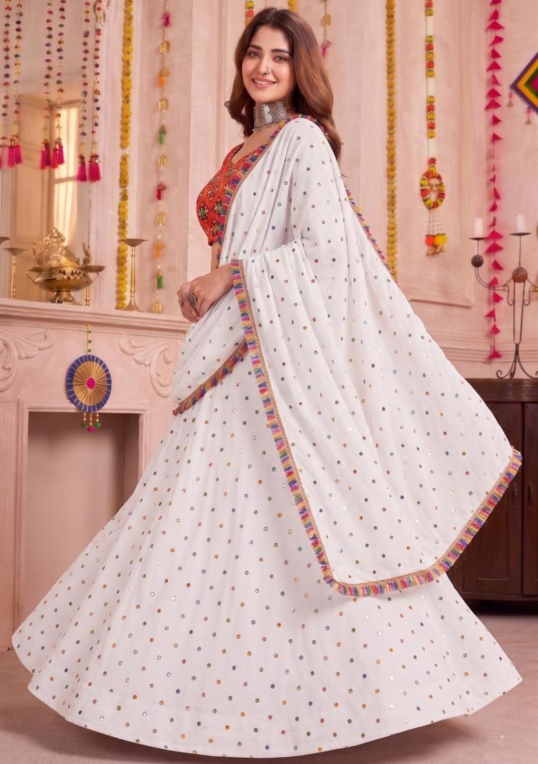White Embroidered Rayon Lehenga Set - Indya