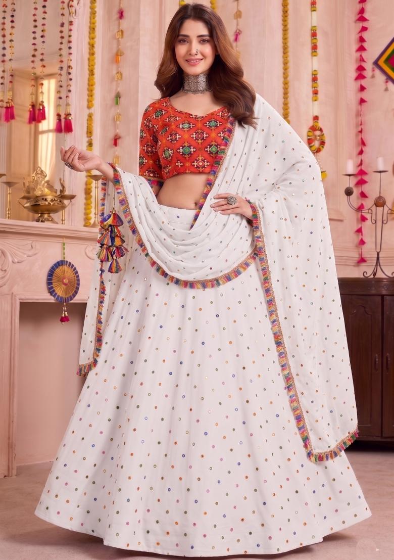 White Embroidered Rayon Lehenga Set - Indya