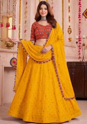 Yellow Embroidered Rayon Lehenga Set
