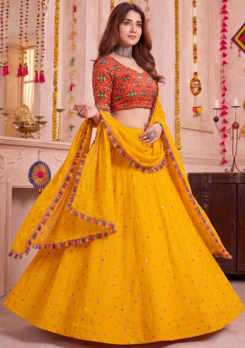 Yellow Embroidered Rayon Lehenga Set - Indya