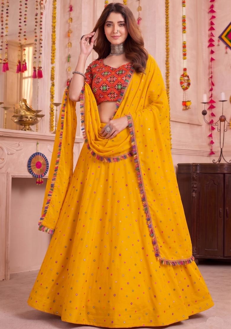 Yellow Embroidered Rayon Lehenga Set - Indya