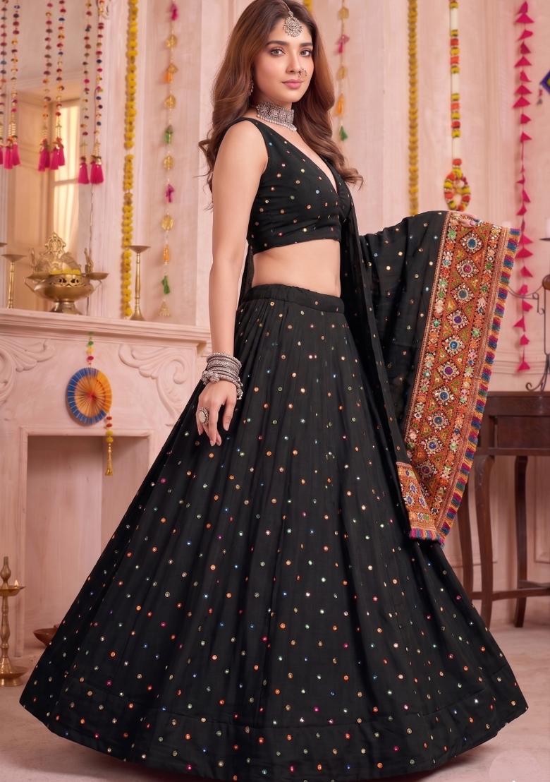 Black Embroidered Rayon Lehenga Set - Indya