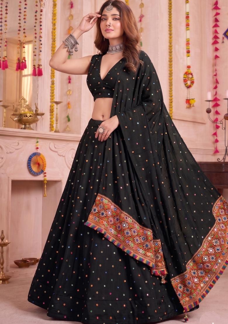 Black Embroidered Rayon Lehenga Set - Indya