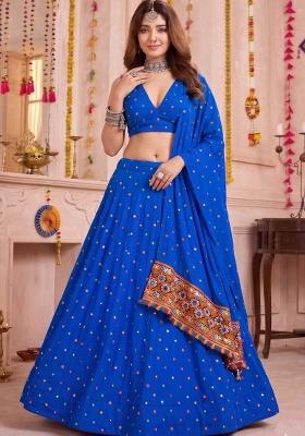 Blue Embroidered Rayon Lehenga Set
