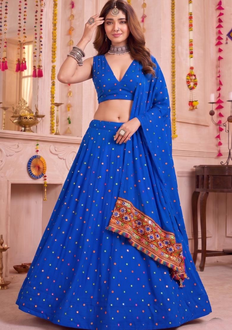 Blue Embroidered Rayon Lehenga Set - Indya