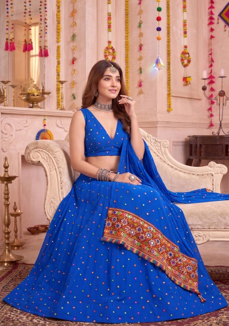 Blue Embroidered Rayon Lehenga Set - Indya