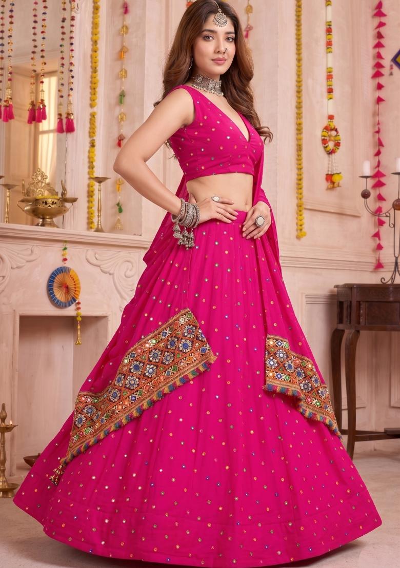 Pink Embroidered Rayon Lehenga Set - Indya