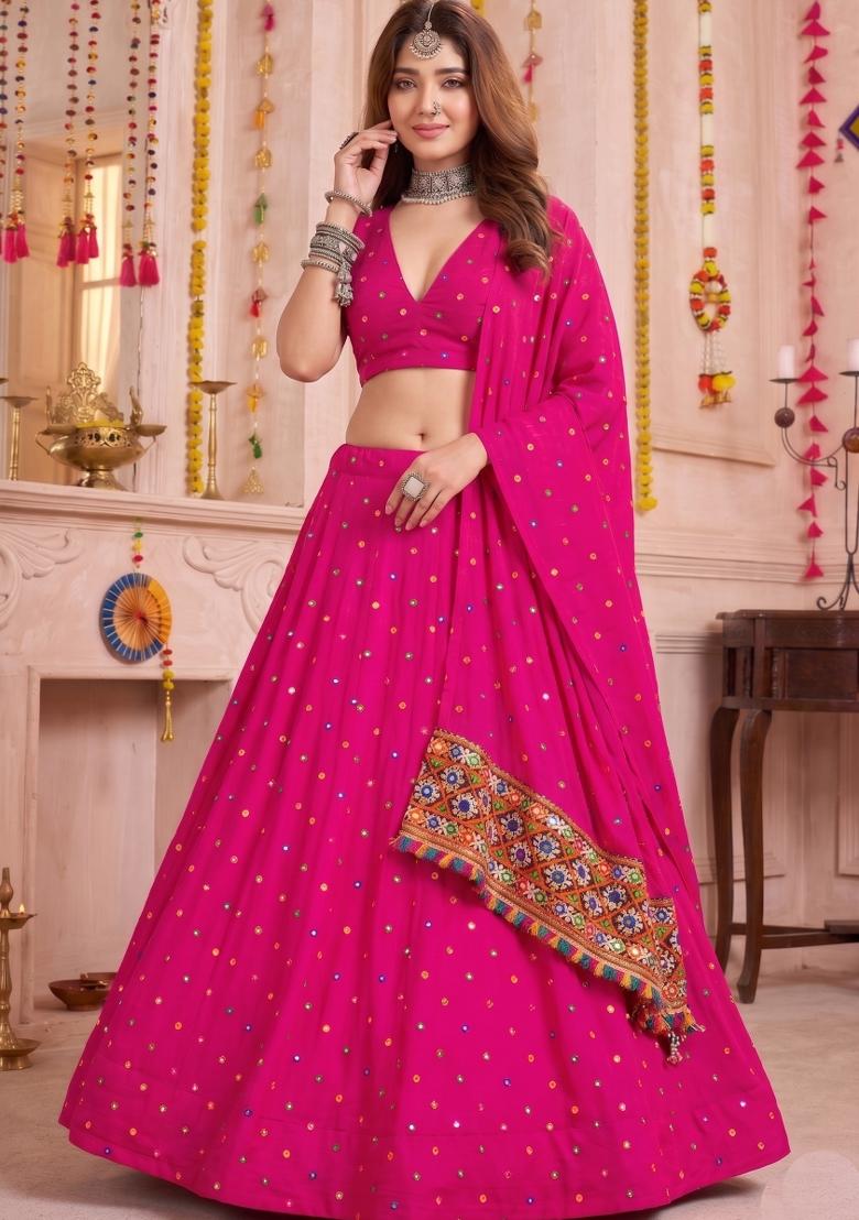 Pink Embroidered Rayon Lehenga Set - Indya