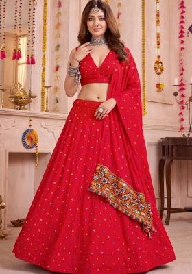 Red Embroidered Rayon Lehenga Set