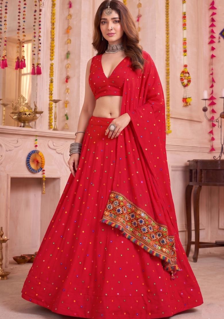 Red Embroidered Rayon Lehenga Set - Indya
