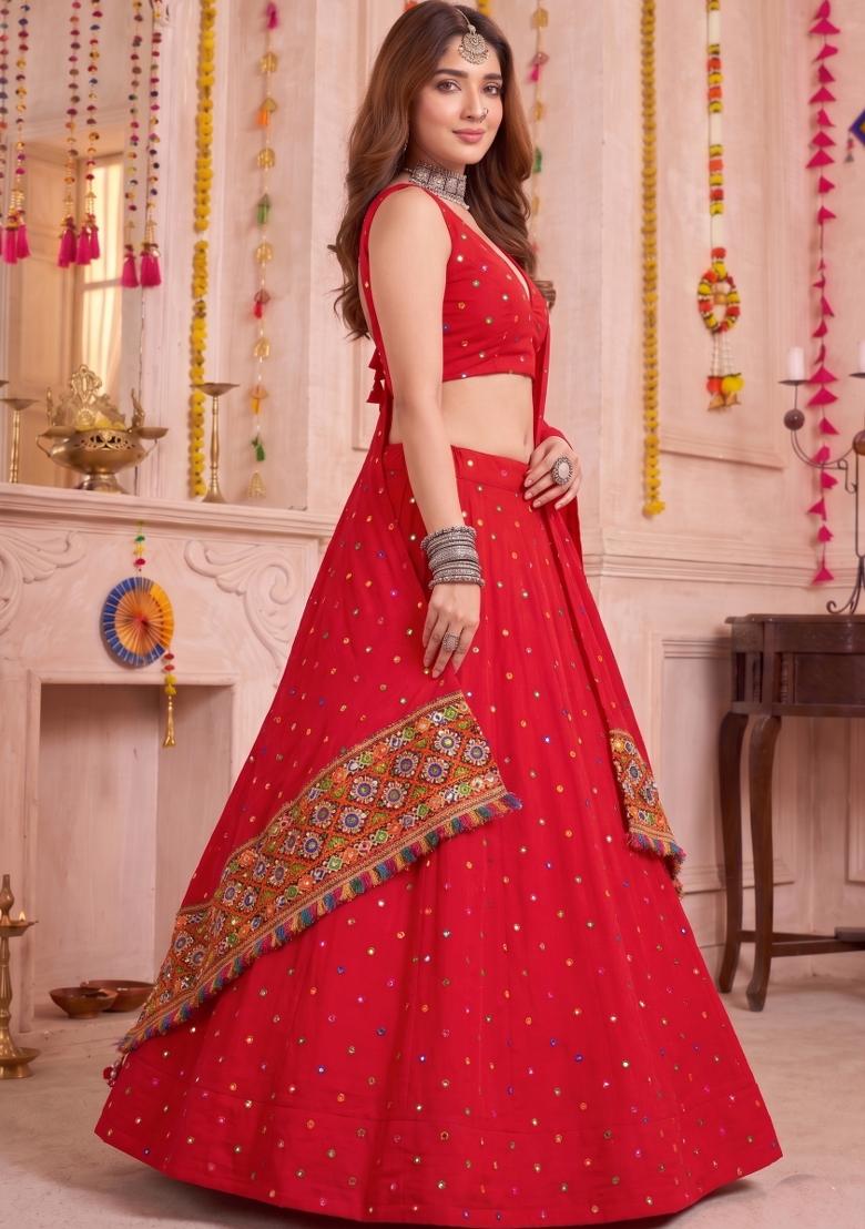 Red Embroidered Rayon Lehenga Set - Indya