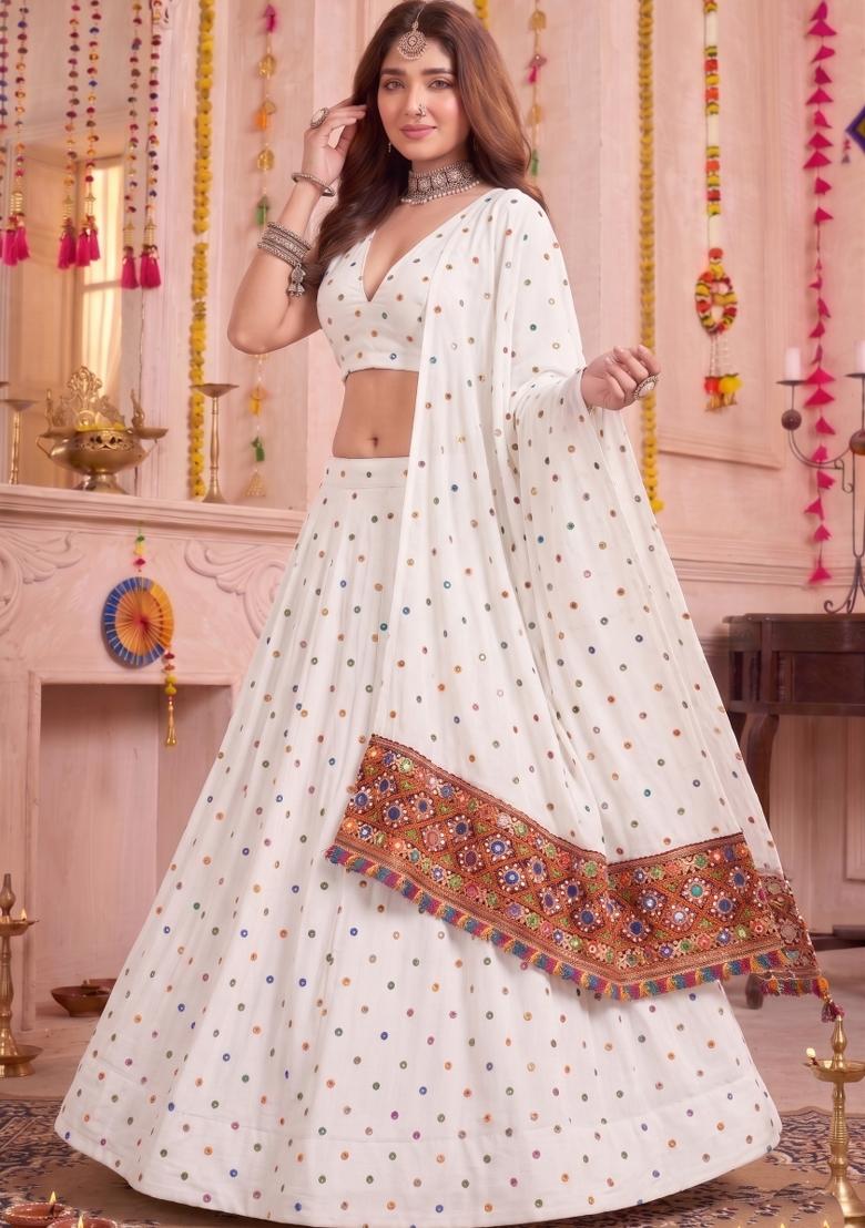 White Embroidered Rayon Lehenga Set - Indya