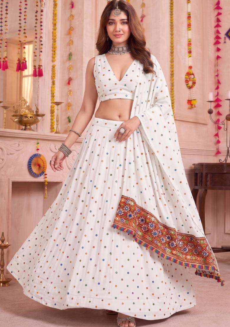 White Embroidered Rayon Lehenga Set - Indya