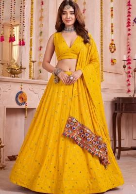 Yellow Embroidered Rayon Lehenga Set
