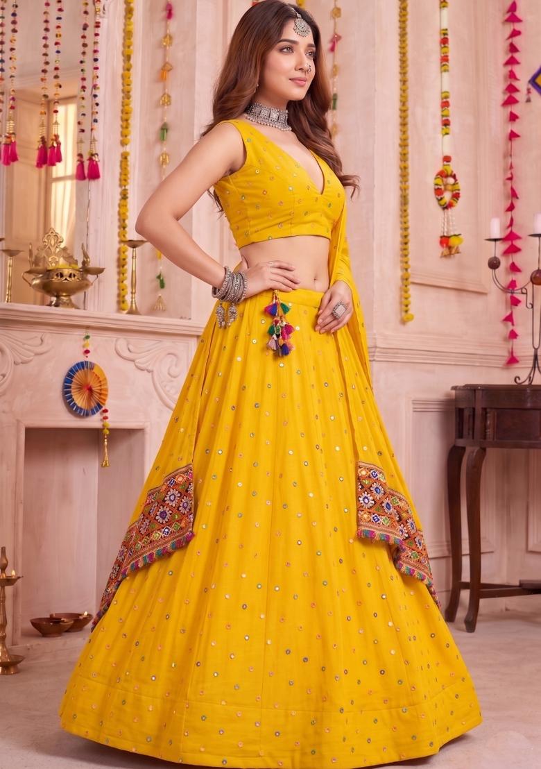 Yellow Embroidered Rayon Lehenga Set - Indya