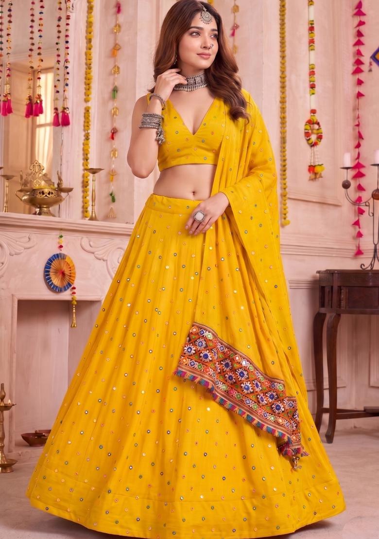 Yellow Embroidered Rayon Lehenga Set - Indya