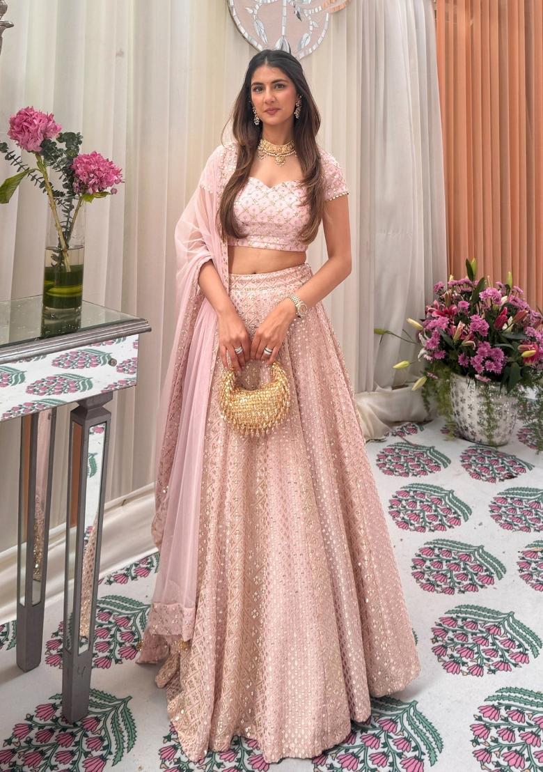Baby Pink Sequin Work Georgette Lehenga Set - Indya