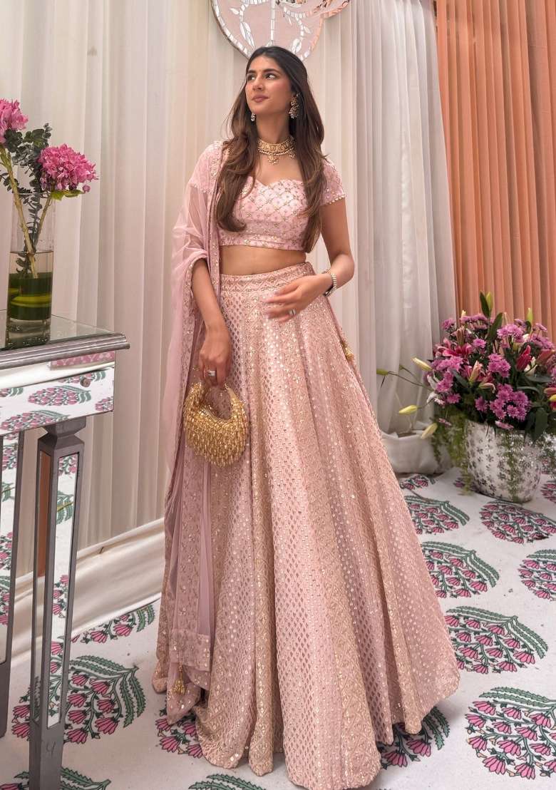Baby Pink Sequin Work Georgette Lehenga Set for Diwali and Festive Wear - Indya