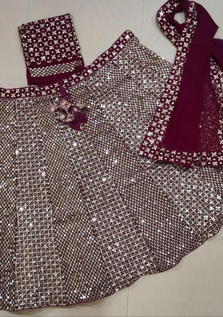 Wine Sequin Work Georgette Lehenga Set - Indya
