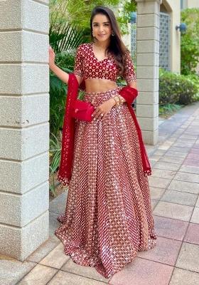 Red Sequin Work Georgette Lehenga Set