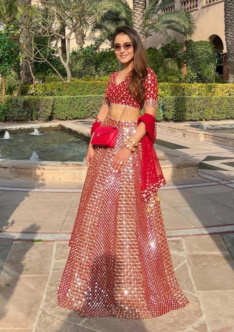 Red Sequin Work Georgette Lehenga Set - Indya