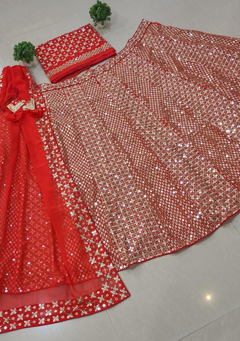 Red Sequin Work Georgette Lehenga Set - Indya